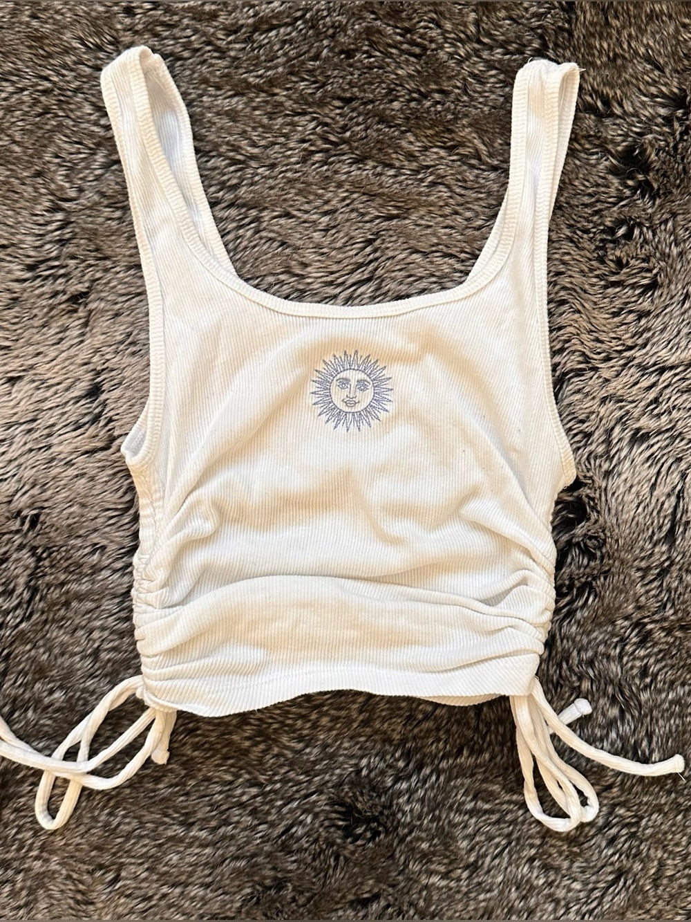 Sun Motif White Drawstring Crop Tank Top